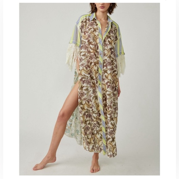 FREE PEOPLE Watching Waves Maxi Shirt / Aquamarine Combo - Picture 11 of 13